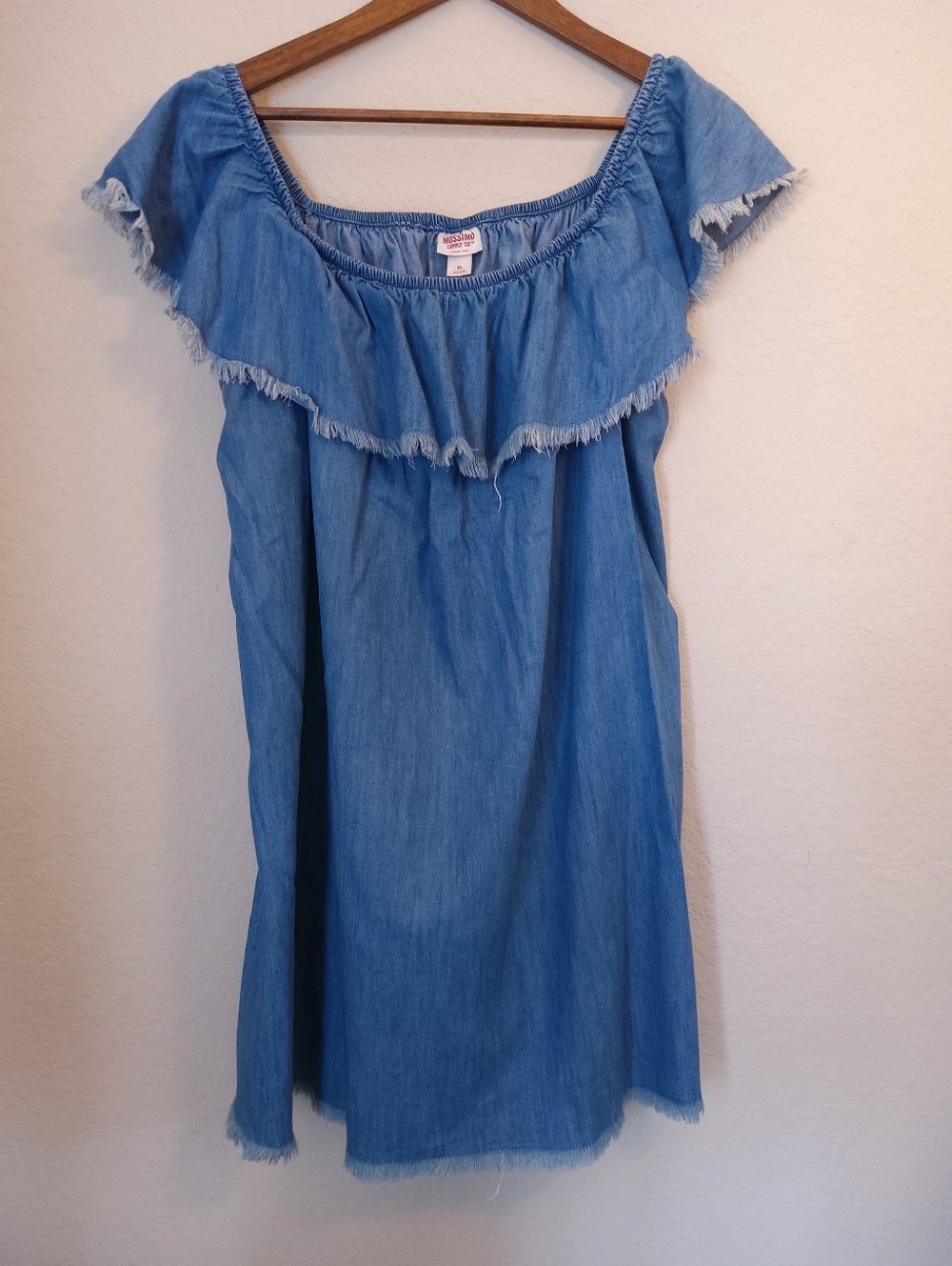 Mossimo Chambray Dress Womens XL Blue Fringe Hem Light Wash Coastal Western Boho